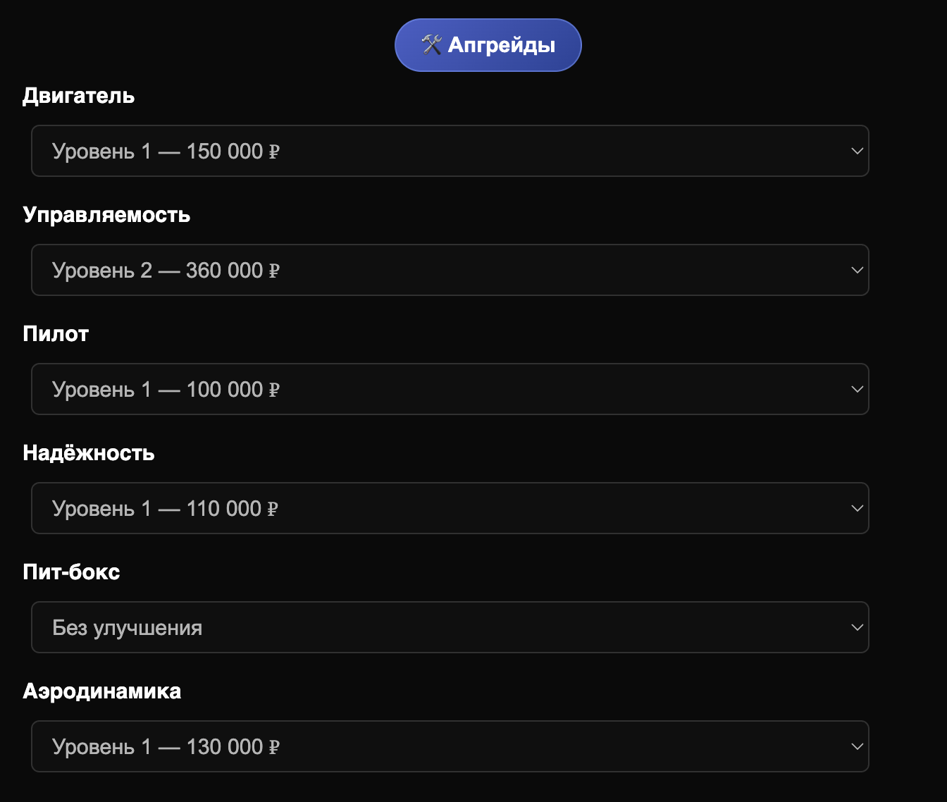 Экран апгрейдов команды